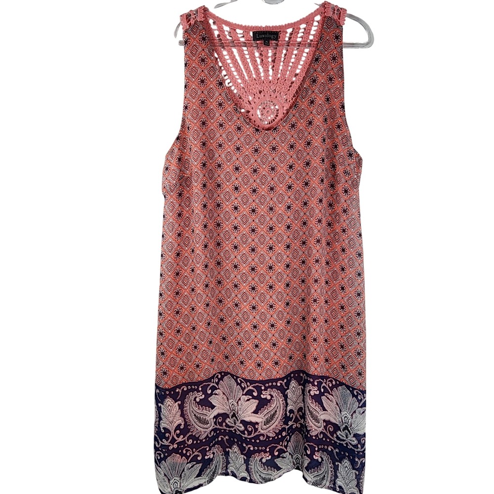 Luxology Coral Crochet Neck Tank Dress Boho Flowy Resort Beach Cottage Women XL‎